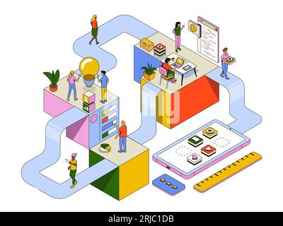 Isometrisches virtuelles Büro mit Geschäftsleuten, die bei der App-Entwicklung zusammenarbeiten. Unternehmensführung, Forschung, Interview, Design und Programmierung. Ve Stockfoto