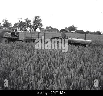 1960er Jahre, historisch, auf einer Strecke neben einem Feld von Ernten, Erwachsene Besucher einer pädagogischen College Farm sitzen auf Strohballen auf einem Anhänger, der von einem Traktor der Ära gezogen wird, einem Fordson Major Diesel, Bucks, England, Großbritannien. Stockfoto