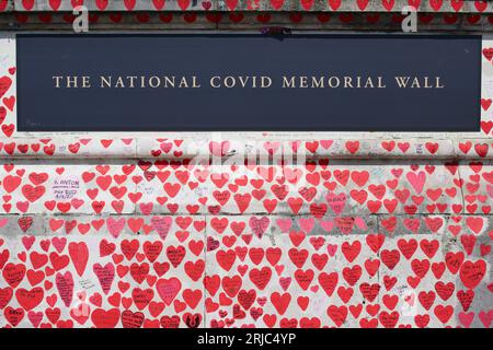 Die nationale COVID-Gedenkmauer am Südufer der Themse, gegenüber dem Palast von Westminster. Freiwillige bemalten 220.000 rot und pink Stockfoto