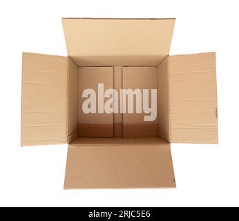 Geöffnete Pappschachtel auf weißem Hintergrund mit Beschneidungspfad Stockfoto