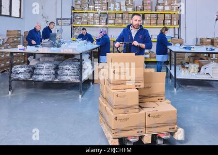 Mitarbeiter, die in einer Etikettendruckerei arbeiten. Der Arbeiter verwendet eine Etikettiermaschine. Aufkleberdrucker. Druckmaschine, die an Etiketten arbeitet. Stockfoto