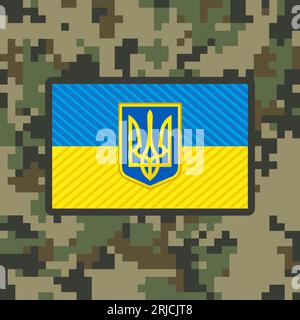 Militärflaggenflicken der ukrainischen Armee auf Pixel-Tarnhintergrund. Ukraine 3D-Fahnenaufnäher auf ukrainischem Nationalemblem, aufgestickte Aufnäher Stock Vektor