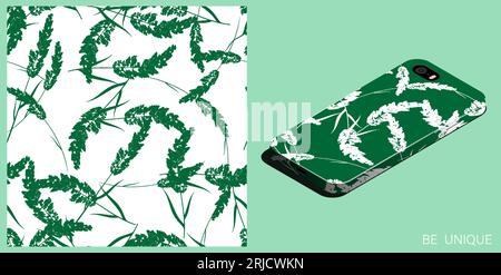 Modernes Smartphone in einzigartigem Etui mit Cerealien-Gras und flauschigem Wiesen-Gras-Muster. Isometrische Draufsicht. Vektorname Stock Vektor