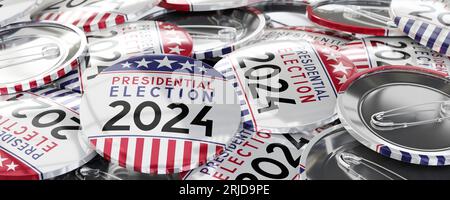 Präsidentschaftswahl 2024 in den USA – runde Abzeichen – 3D-Illustration Stockfoto