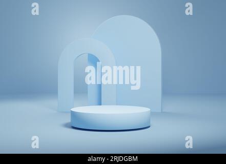 Die Plattform für die Produktpräsentation ist zylindrisch auf einem blauen Hintergrund mit abstrakter Form. 3D-Rendering eines Sockels für eine Produktpräsentation. Stockfoto