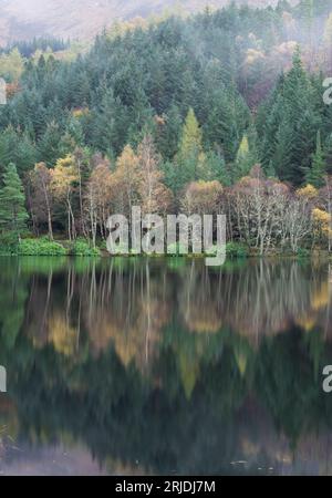 Herbstfarben auf Bäumen spiegeln sich in einem Loch an in Glencoe, Lochaber, Schottland, Großbritannien Stockfoto