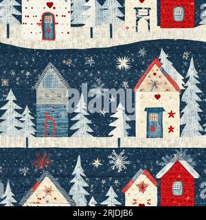 Rustikales landhaus mit primitivem Handnähstoff-Effekt. Gemütliches nostalgisches, schäbiges, hausgemachtes amerikanisches Kunsthandwerk im Winter Stockfoto