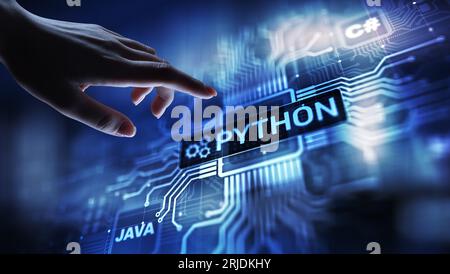 Python-Programmiersprache auf hoher Ebene. Anwendungs- und Webentwicklungskonzept auf virtuellem Bildschirm. Stockfoto