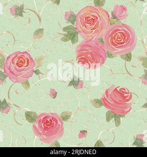 Aquarell Rosen Blumen. Wunderschönes, nahtlos gestimmtes Blumenmuster. Aquarell handgezeichnete botanische Illustration für den Frühling Sommer auf pastellgrünem Hintergrund. P Stockfoto