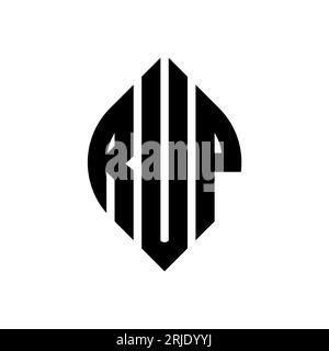 RUP kreisförmiges Logo mit Kreis- und Ellipsenform. RUP-Ellipsenbuchstaben im typografischen Stil. Die drei Initialen bilden ein kreisförmiges Logo. RUP CI Stock Vektor