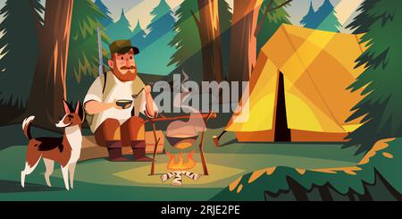 Jagd auf die Natur. Mann mit Hund im Wald mit Zelt, auf der Suche nach Spiel, Mann isst Suppe aus dem Topf, sitzt am Feuer, campt mit Lagerfeuer, Wandern Stock Vektor