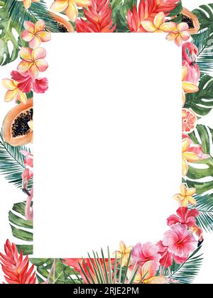 Leuchtend saftige Illustration zum Thema tropische Pflanzen und Strandurlaub. Runder Rahmen. Aquarell-Zeichnung von Hand auf weißem Hintergrund. Stockfoto