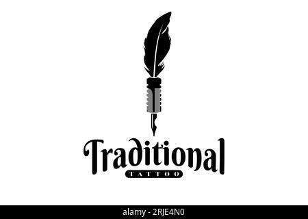 Tätowiermaschine mit Feder, für das traditionelle Tattoo-Studio-Logo der Antike Stock Vektor