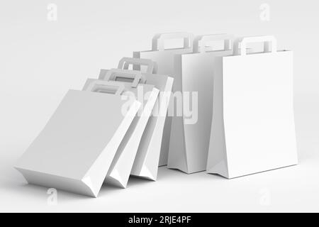 Einkaufskorb aus Kunststoff für Lebensmittel mit Kraftpapiertüte auf monochromem Hintergrund. 3D-Renderkonzept für Verkauf, Rabatt, Shopping und Lieferung Stockfoto