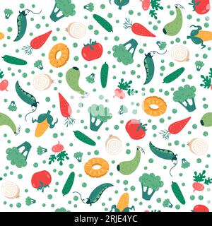 Nahtloses Muster mit verschiedenen Obst- und Gemüsesorten. Dekor aus Textil, Geschenkpapier, Tapetendesign. Drucken für Küchenmaterial. Zeichnung im Kritzelstil Stock Vektor