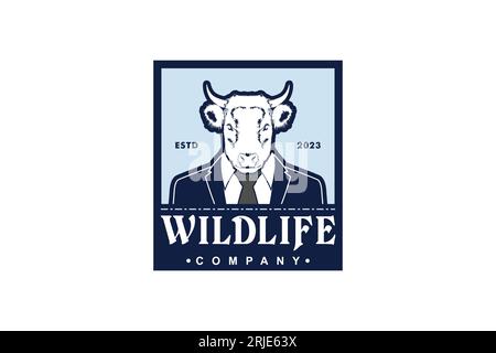 Cow Buffalo Business Man Label For Company Logo, Livestock, Filmregisseur. Abbildung: Der Kopf einer Kuh, Büffel, Stier trägt einen Büroanzug Stock Vektor