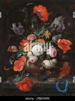 Stillleben mit Blumen und einer Uhr zwischen 1660 und 1679 von Abraham Mignon Stockfoto