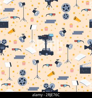 Nahtloses Muster mit Elementen der Filmindustrie. Filmausrüstung, Kameras und Licht. Fernsehobjekte. Hintergrund- oder Hintergrunddesign, Cartoon Stock Vektor