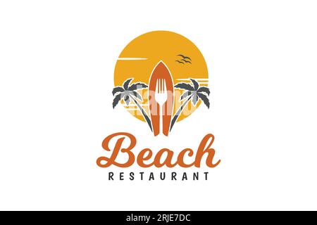 Surf Board, Fork und Palm for Beach Restaurant Logo, Resort Logo Design Stock Vektor