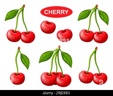 Rote Kirschbeerenfrucht mit Blattsymbolset. Frisches, saftiges Vitamin-Dessert. Süßes Gesundheitssaftgetränk. Natürliche Marmelade, Süßigkeitenzutat. Vektor Stock Vektor