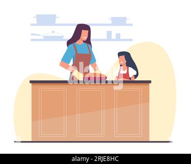 Mama hat mit ihrer Tochter selbstgemachten Kuchen gebacken. Mutter mit Kind kocht in der Hausküche. Glückliche Menschen kochen gemeinsam Gebäck. Süßes Essen. Familie Stock Vektor