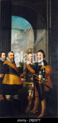 Porträt von Willem Lodewijk van Nassau-Dietz (1560-1620), Lodewijk Günther van Nassau-Dietz (1575-1604), Ernst Casimir van Nassau-Dietz (1573-1632) en Philips van Nassau-Dietz (1566-1595) 1634 von Wybrand de Geest Stockfoto