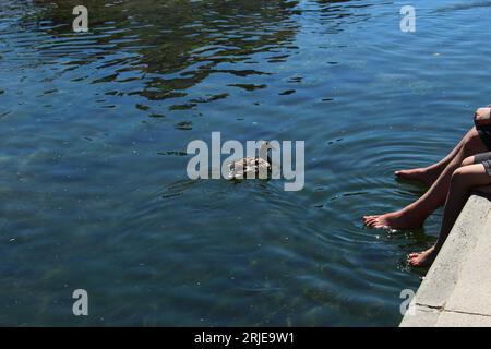 People cool off on a hot spring day in the south of France by putting their feet in the Sorgue River. Concept for warm weather, cooling off, relaxing Stock Photo