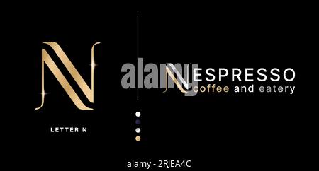 Logo-Design mit N-Gold-Buchstaben für Unternehmen. Geeignet für ein Luxusunternehmen, das für Werbematerial, Collagendruck und Werbekampagnen geeignet ist Stock Vektor