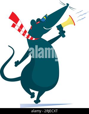 Lustige Ratte oder Maus macht Ansage zur Megaphon-Illustration. Comic-Ratte oder -Maus schreit Megaphon an. Isoliert auf weißem Hintergrund Stock Vektor
