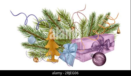 Komposition von Geschenkboxen, Weihnachtsdekorationen digitale Illustration Aquarellstil isoliert auf weiß. Kiefernzweig, Holzspielzeug von Hand gezeichnet. Element Stockfoto