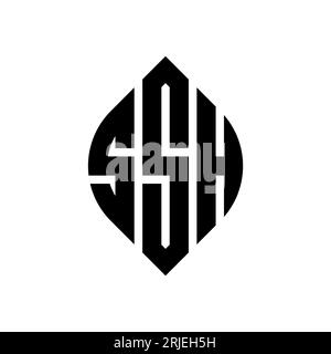 SSH-Logo mit kreisförmigem Buchstaben und Ellipsenform. SSH-Ellipsenbuchstaben im typografischen Stil. Die drei Initialen bilden ein kreisförmiges Logo. SSH-CI Stock Vektor