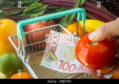 Neuseeländische Lebensmittel-, Gemüse- und Obstpreise, Finanzkonzept, Tomate in einem Korb zusammen mit einer 100-Dollar-Rechnung Stockfoto