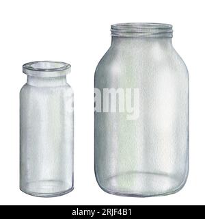 Glasgefäß, Vase. Wasserfarbener, handgezeichneter Clipart, isoliert auf weißem Hintergrund. Umweltfreundliche Küche. Kein Kunststoffkonzept Stockfoto