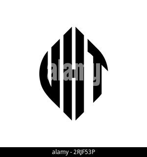 UHT-Design mit kreisförmigem Logo mit Kreis- und Ellipsenform. Ultrahocherhitzte Ellipsenbuchstaben im typografischen Stil. Die drei Initialen bilden ein kreisförmiges Logo. UHT CI Stock Vektor