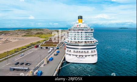 Copenhagen, Denmark - July 29, 2023: Cruise ship Costa Firenze of Costa Cruises docked in port of Copenhagen. Back of the ship. Stock Photo