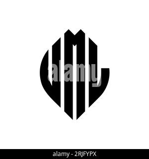 UML-Logo mit kreisförmigem Buchstaben und Ellipsenform. UML-Ellipsenbuchstaben im typografischen Stil. Die drei Initialen bilden ein kreisförmiges Logo. UML-CI Stock Vektor