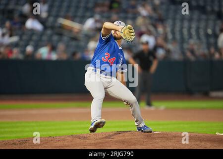 19. August 2023: Alec Gamboa (34) wirft ein Pitch mit Oklahoma City Dodgers und Salt Lake Bees im Smiths Field in Salt Lake UT. David Seelig/Cal Sport Medi Stockfoto