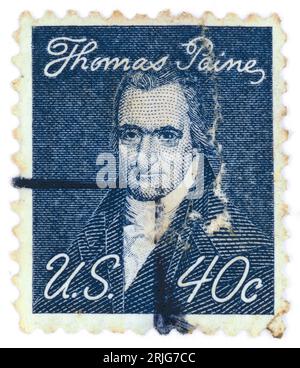 Thomas Paine (* 1737–1809). Briefmarke, die 1968 in den USA ausgestellt wurde. Thomas Paine war ein in England geborener amerikanischer Gründervater, politischer Aktivist, Philosoph, politischer Theoretiker und Revolutionär. Er verfasste Common Sense (1776) und die amerikanische Krise (1776–1783), zwei der einflussreichsten Flugblätter zu Beginn der Amerikanischen Revolution, und er half, die Patrioten 1776 zu inspirieren, die Unabhängigkeit von Großbritannien zu erklären. Seine Ideen spiegelten die ideale der Menschenrechte aus der Zeit der Aufklärung wider. Stockfoto