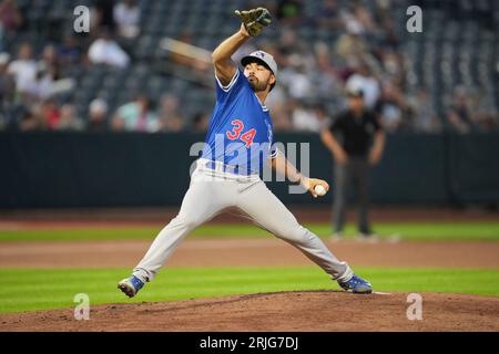 19. August 2023: Alec Gamboa (34) wirft ein Pitch mit Oklahoma City Dodgers und Salt Lake Bees im Smiths Field in Salt Lake UT. David Seelig/Cal Sport Medi Stockfoto