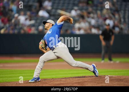 19. August 2023: Alec Gamboa (34) wirft ein Pitch mit Oklahoma City Dodgers und Salt Lake Bees im Smiths Field in Salt Lake UT. David Seelig/Cal Sport Medi Stockfoto