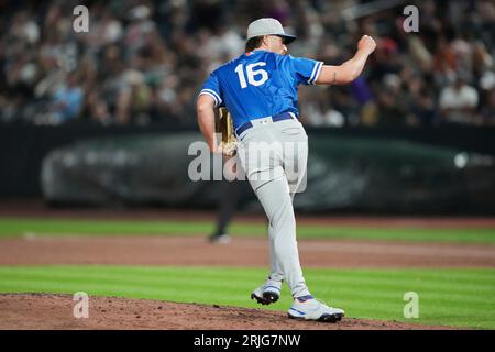 19. August 2023: Shelby Miller (16) wirft ein Pitch mit Oklahoma City Dodgers und Salt Lake Bees im Smiths Field in Salt Lake UT. David Seelig/Cal Sport Medi Stockfoto