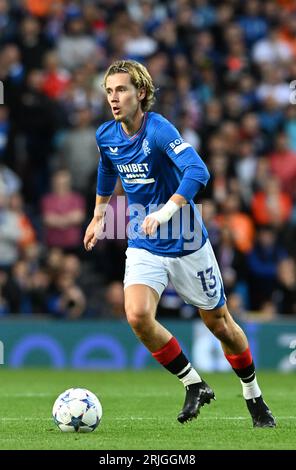 Glasgow, Großbritannien. August 2023. Todd Cantwell of Rangers während des UEFA Champions League-Spiels im Ibrox Stadium, Glasgow. Auf dem Bild sollte stehen: Neil Hanna/Sportimage Credit: Sportimage Ltd/Alamy Live News Stockfoto