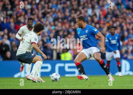 Glasgow, Großbritannien. August 2023. In der ersten Runde des UEFA Champions League Play-offs gegen PSV Eindhoven im Ibrox Stadium in Glasgow, Großbritannien. Dies war das 1. Leg mit dem 2. Spiel, das am 30. August 2023 im Stadion von Eindhoven ausgetragen wurde, als der Gesamtsieger dann in die Gruppenphase aufsteigen wird. Quelle: Findlay/Alamy Live News Stockfoto