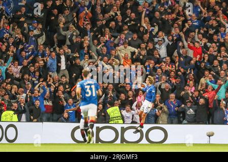 Glasgow, Großbritannien. August 2023. In der ersten Runde des UEFA Champions League Play-offs gegen PSV Eindhoven im Ibrox Stadium in Glasgow, Großbritannien. Dies war das 1. Leg mit dem 2. Spiel, das am 30. August 2023 im Stadion von Eindhoven ausgetragen wurde, als der Gesamtsieger dann in die Gruppenphase aufsteigen wird. Quelle: Findlay/Alamy Live News Stockfoto