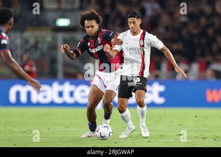 Joshua Zirkzee aus Bologna (L) und Tijjani Reijnders aus dem AC Mailand (R) in Aktion während der SERIE A TIM 2023/24 Fußballspiel zwischen Bologna und AC Mailand in Renato Dall Ara. Endstand: Bologna 0:2 AC Mailand Stockfoto