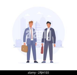 Geschäftsleute in Anzügen, die auf dem Hintergrund der Stadt stehen. Zwei männliche Figuren, die Aktentaschen halten. Partnerschaft, Teamarbeit. Vektor-Illustration in Cartoon Stock Vektor