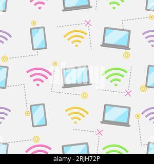 Nahtloses Muster für Internet und Geräte. Nahtloses Vektormuster mit Signal-, Smartphone- und Laptop-Elementen. Stock Vektor