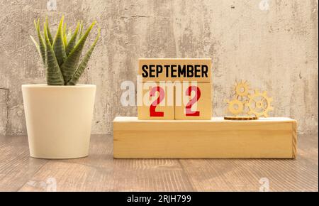 August 22. Abbildung vom august 22, Kalender auf gelbem Hintergrund mit leerem Textbereich. Sommerzeit Stockfoto