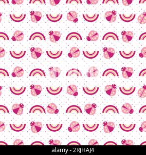 Niedlicher pinker Hintergrund aus Marienkäfer und Regenbogen mit nahtlosem Vektormuster. Kawaii-Marienkäfer-Figuren mit hübschen Regenbögen auf weißem Hintergrund Stock Vektor