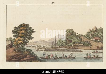Blick auf ein großes Holzfloß auf dem Rhein in der Nähe der Ruine von Schloss Godesberg, Bonn. Das aus 1.000 Stämmen bestehende Floß wurde von einer Besatzung von 900 Ruderern angetrieben. VUE d'un Radeau du Rhin. Nach einem Gemälde des Landschaftskünstlers Laurenz Janscha. Handkolorierter Kupferstich aus Carl Bertuchs Bilderbuch fur Kinder, Weimar, 1813. Eine 12-bändige Enzyklopädie für Kinder, illustriert mit fast 1.200 gravierten Platten über Naturgeschichte, Wissenschaft, Kostüm, Mythologie usw., veröffentlicht von 1790-1830. Stockfoto